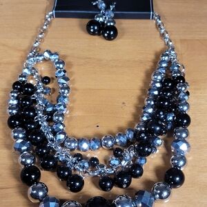 Silver and Black Necklace & Earring Set.  Vintage